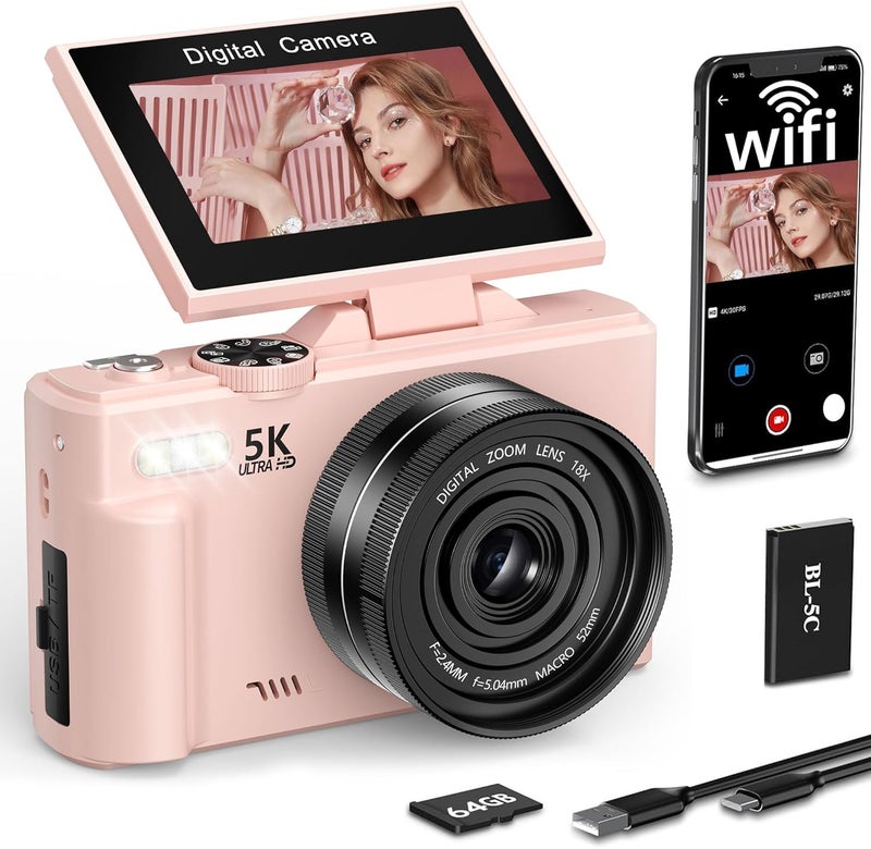 FLATIC Digital Camera, 5K 75MP Cameras for Photography with WiFi & 64GB TF Card, Autofoucs Vlogging Camera for YouTube with 180° Flip Screen, Compact Vlog Travel Camera Kit for Beginner, Teens - Image 1